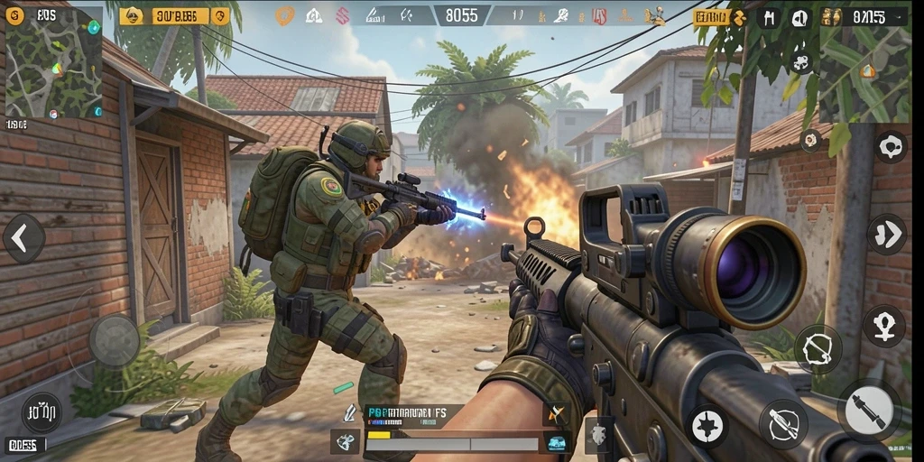 Screenshot gameplay 8055 menampilkan aksi seru di medan perang FPS.