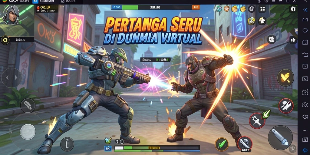 Screenshot menunjukkan karakter bertarung dalam arena yang penuh aksi.