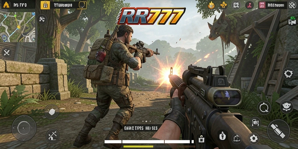 Screenshot utama RR777 menampilkan aksi seru dalam pertempuran TPS.