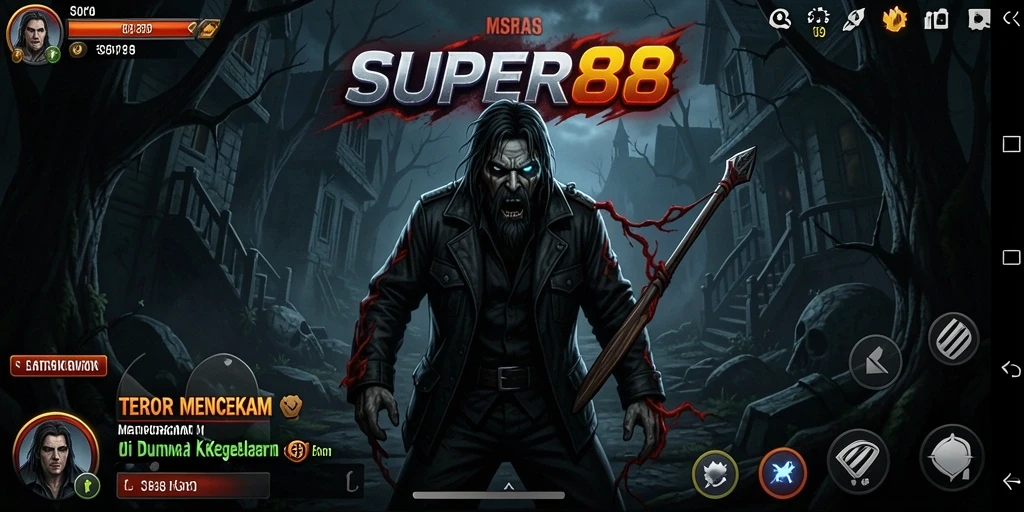Screenshot gameplay SUPER88 menampilkan suasana mencekam saat menjelajahi lorong gelap.