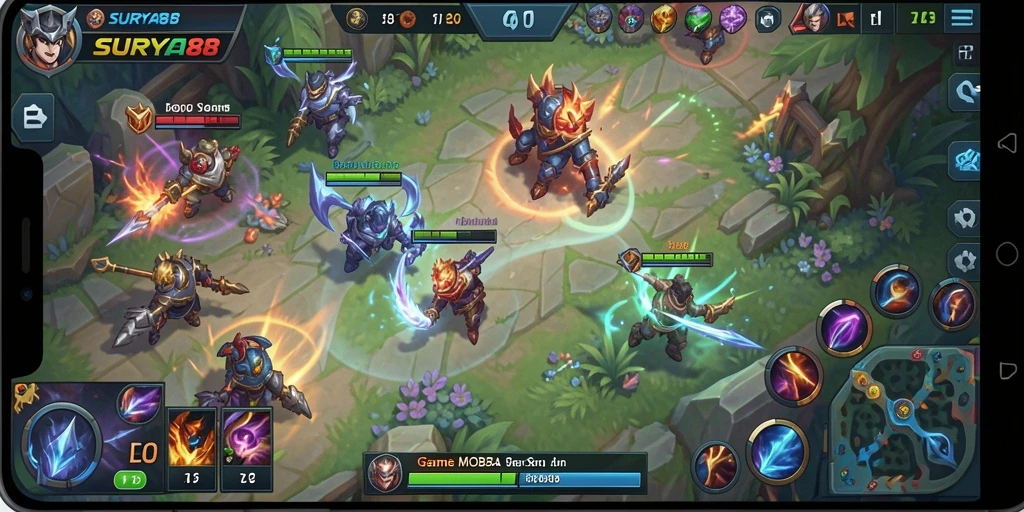 Screenshot gameplay SURYA88 menampilkan aksi seru di arena MOBA.